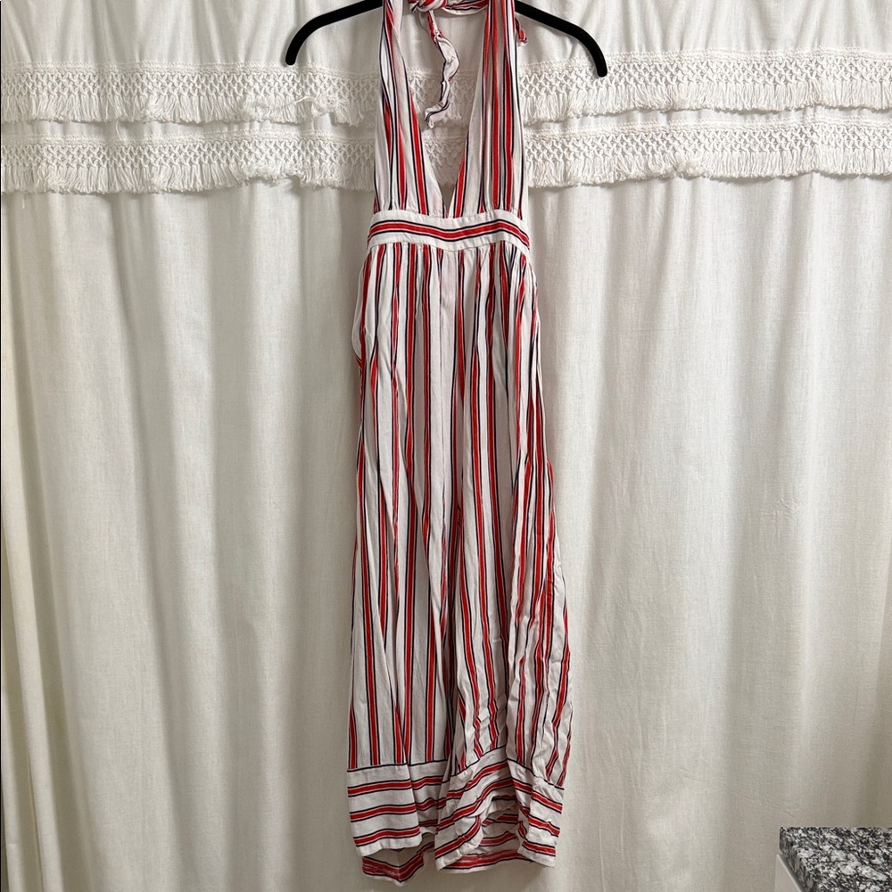 Red and White Striped Wide Leg Halter Romper